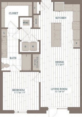 Floor plan for 1 bed, 1 bath, 861 sqft